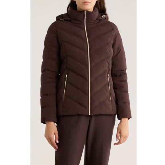 Michael Kors Womens Brown Quilted Puffer Zip Up Hooded Chevron Jacket Sz M New - Picture 2 of 15